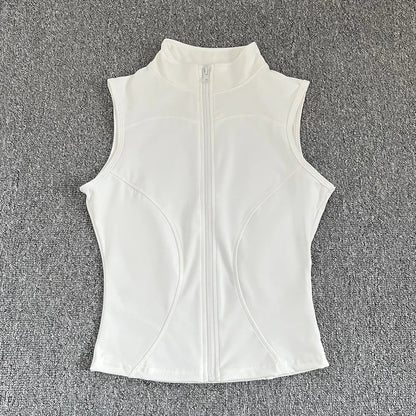 Women's Slim Fit Sport Sleeveless Top Quick Dry Elastic Stand Collar Yoga Fitness Clothing Summer Zipper