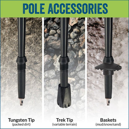 Official Casual Trek Hiking & Walking Poles - Hiking/Trekking Grip w-flip locks, detachable feet and travel bag - pair - For Heights up to 6’2”